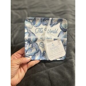 Set 4 THE WORLD IS YOUR OYSTER 6" Square Melamine Appetizer‎ Dessert Plates Blue